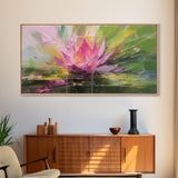 Oil Painting Pink Flower, Pink Water Lily Wall Art, Nature Wall Decor, Panoramic Wall Decor, Canvas Print, Wall Art, Framed Canvas Art