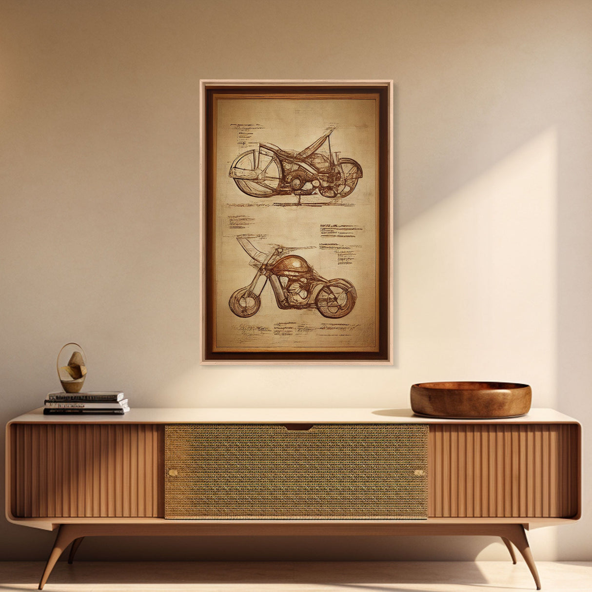 Steampunk motorcycle diagram wall art, canvas print, mancave decor, Da Vinci style diagram motorcycle art, abstract man cave art