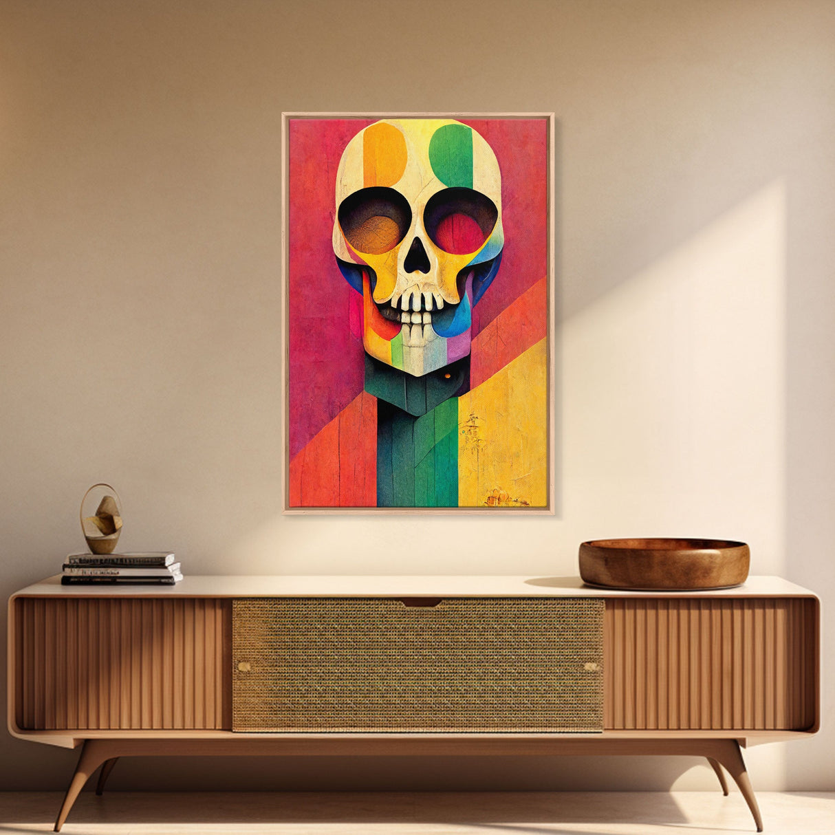 Cool Skull art, canvas print, sugar skull wall decor, skeleton face painting, abstract art deco style Halloween art