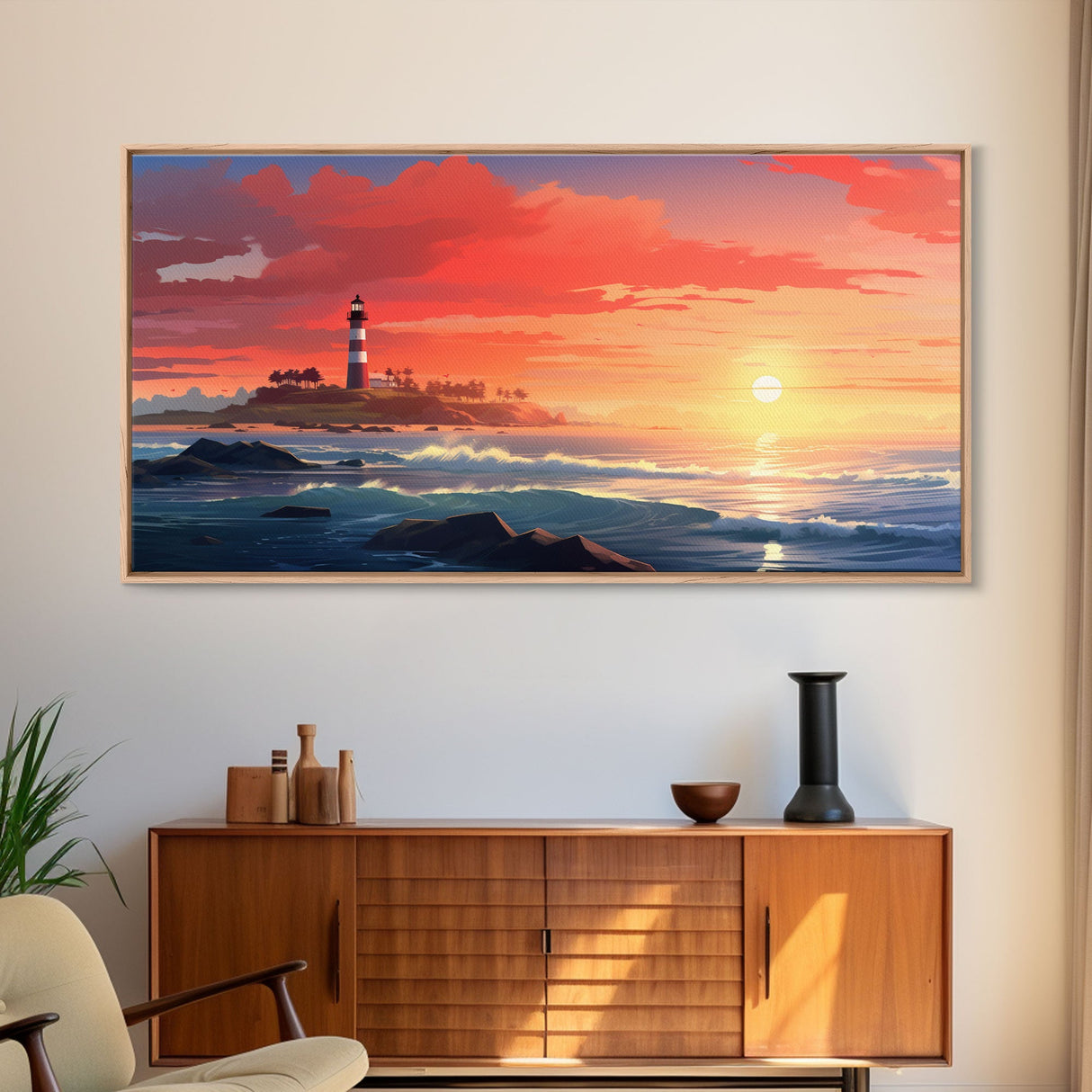 Lighthouse Decor, Nautical Wall Art, Ocean Wall Art, Sunset Wall Print, Panoramic Art, Wall Art, Canvas Art, Landscape Art, Apartment Art