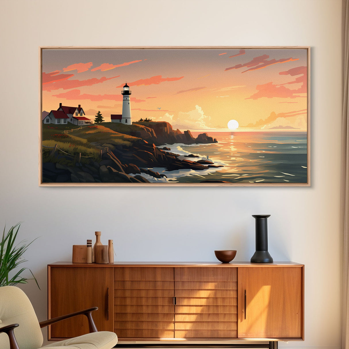 Lighthouse Painting, Nautical Wall Art, Sunset Wall Print, Panoramic Art, Wall Art, Canvas Art, Landscape Art, Above Couch Wall Art, Prints