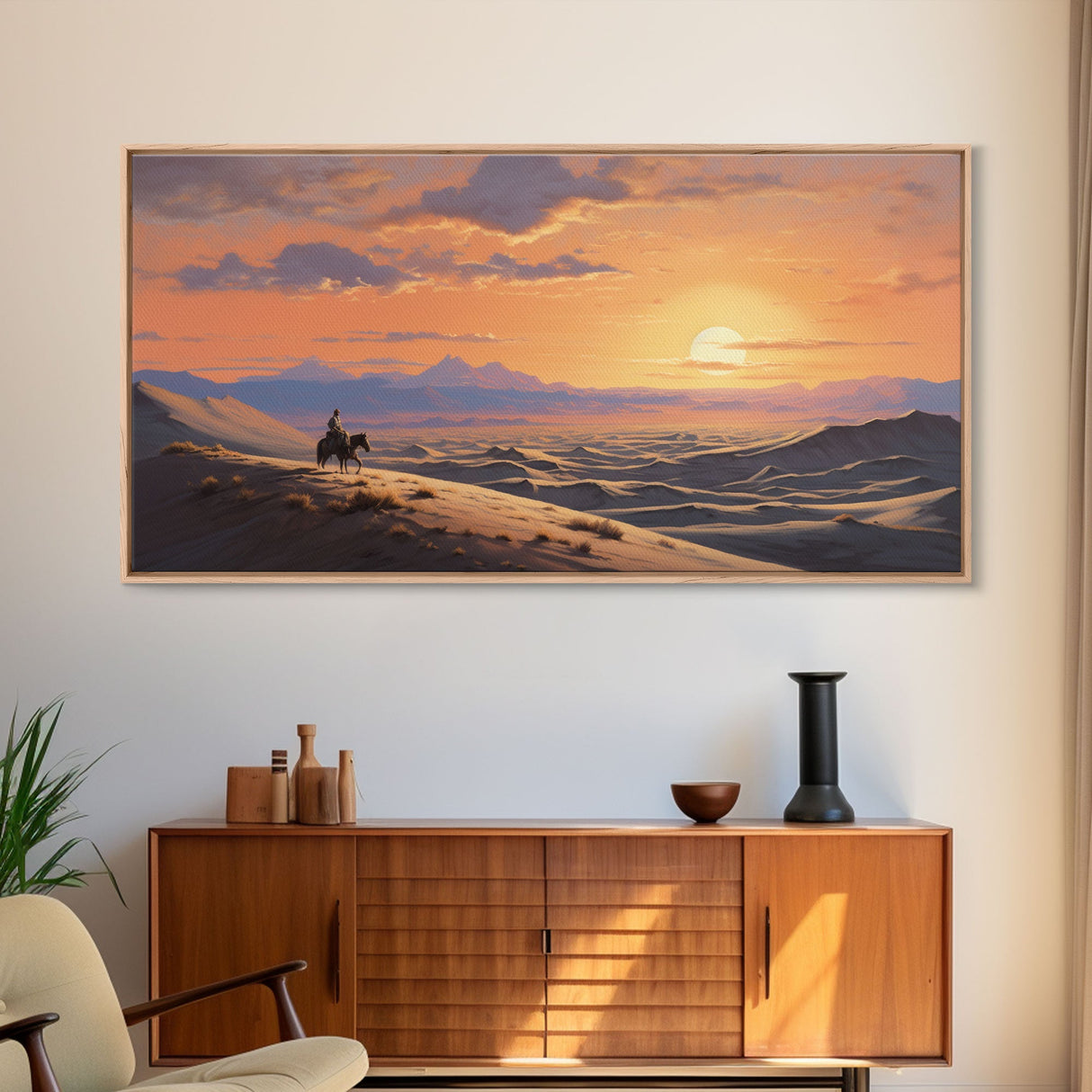 Desert Wall Art, Sunset Wall Print, Cowboy, Horse Art, Panoramic Art, Wall Art, Canvas Art, Landscape Art, Western Wall Decor, Gift For Men