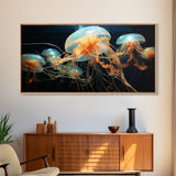 Jelly Fish  Art, Ocean Wall Art, Orange Jelly Fish, Panoramic Art, Wall Art, Canvas Art, Landscape Art, Gift For Boss, Teen Boy Room Decor