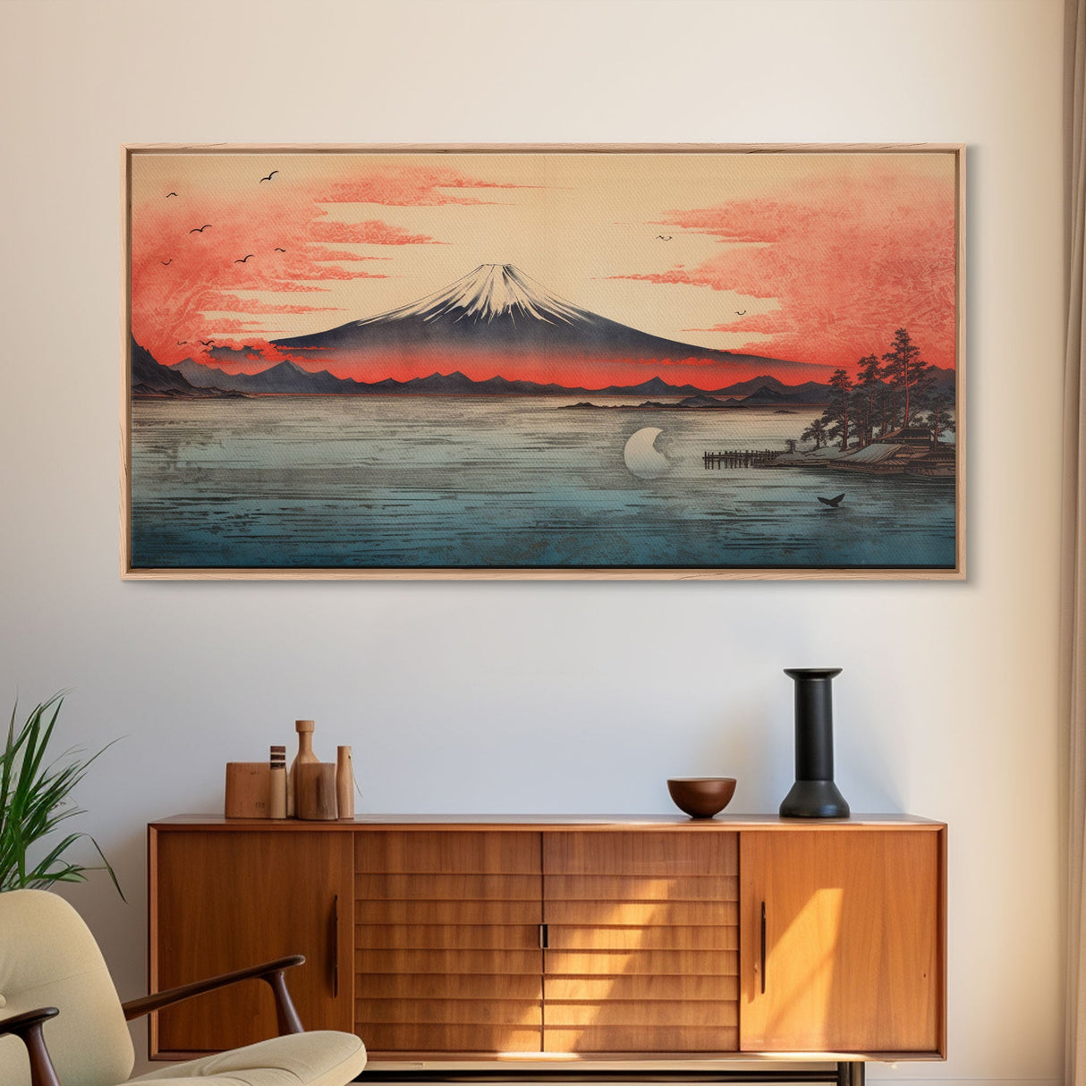 Volcano, Japanese Art, Asian Landscape, Panoramic Art, Wall Art, Canvas Art, Landscape Art, Gift For Him, Modern Home Decor, Home Decor Art