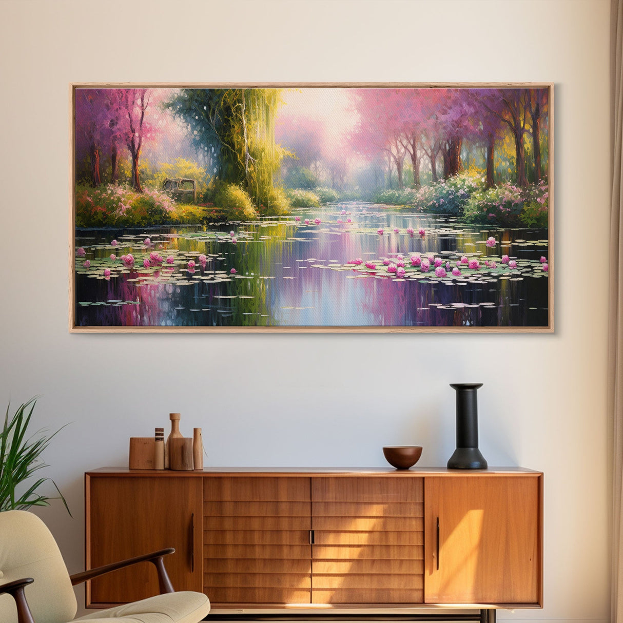 Fantasy Art, Lake Wall Print, Water Lilies Wall Art, Trees Wall Art, Panoramic Art, Wall Art, Canvas Art, Landscape Art, Long Wall Art