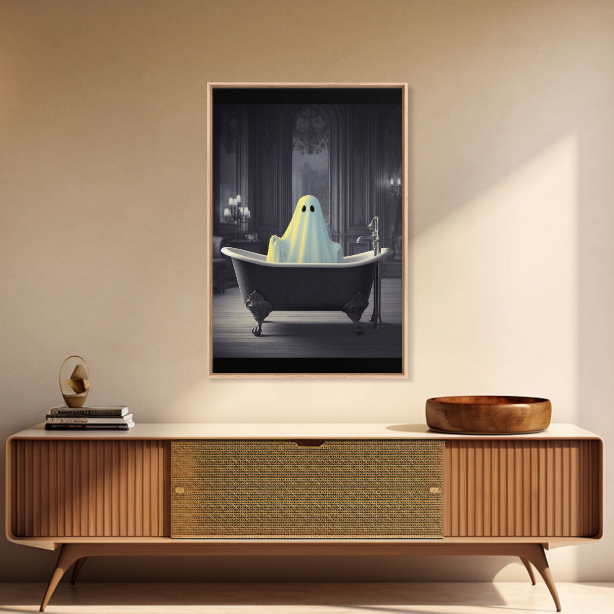 Funny Halloween Art, Ghost Takin' A Bath, Framed Canvas Print, Halloween Canvas, Ghost In The Tub, Goofy Gothic Victorian Art