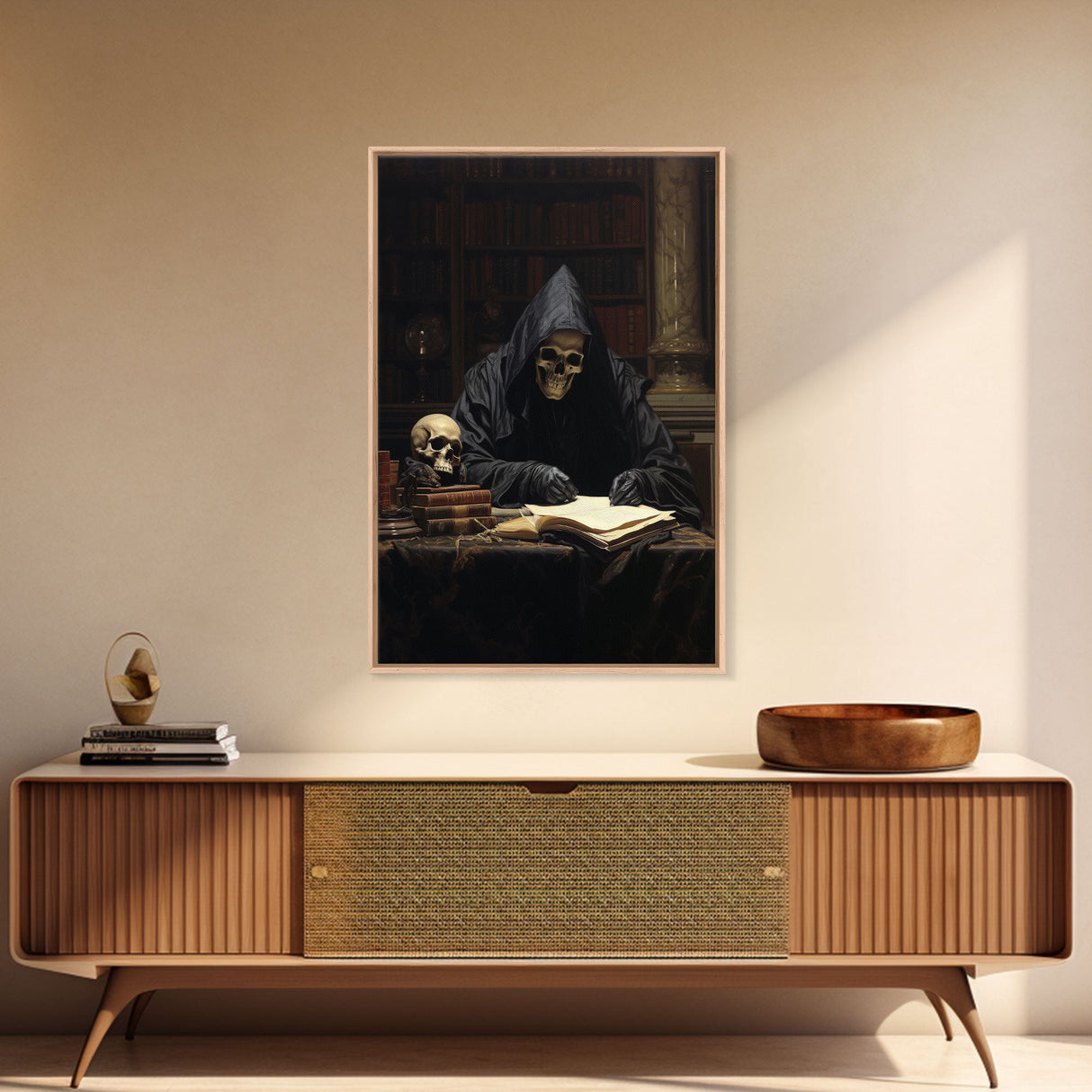 The Grim Reaper In His Study, Gothic Halloween Decor, Framed Canvas Print, Scary Horror Art, Goth Decor, Moody Oil Painting, Dark Academia