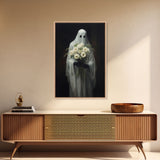 The Ghost With The Flowers, Halloween Canvas Print, Framed Canvas, Unique Wall Art, Goth Art, Dark Academia, Witch Art, Witchcraft