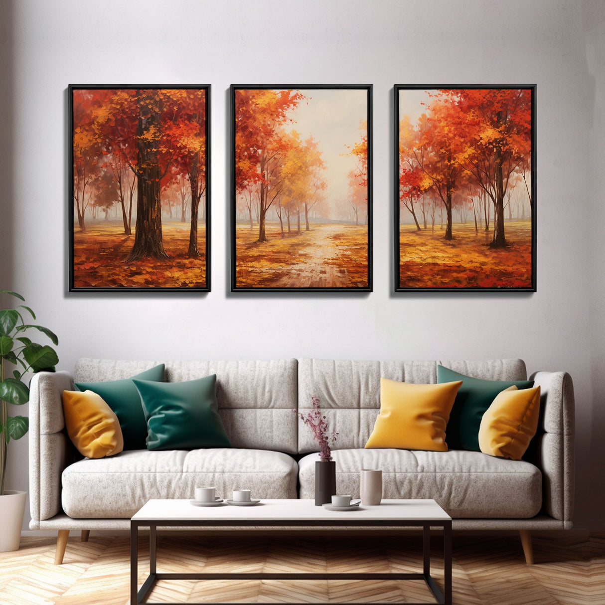 Fall Decor, 3 Piece Wall Art Set, Autumn Forest Oil Painting Canvas Prints, Fall Decorations, Halloween Art, Fall Forest Landscape Painting