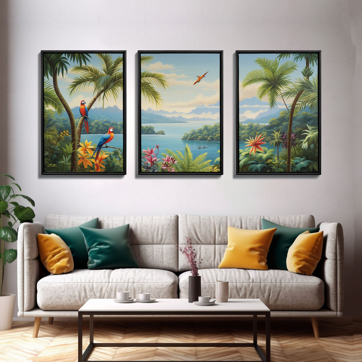 Palm Tree Art, Tropical Wall Art, Macaw, Landscape Art Print, Canvas Print, Wall Art, 3 Piece Wall Art, Retirement Gifts, Apartment Wall Art