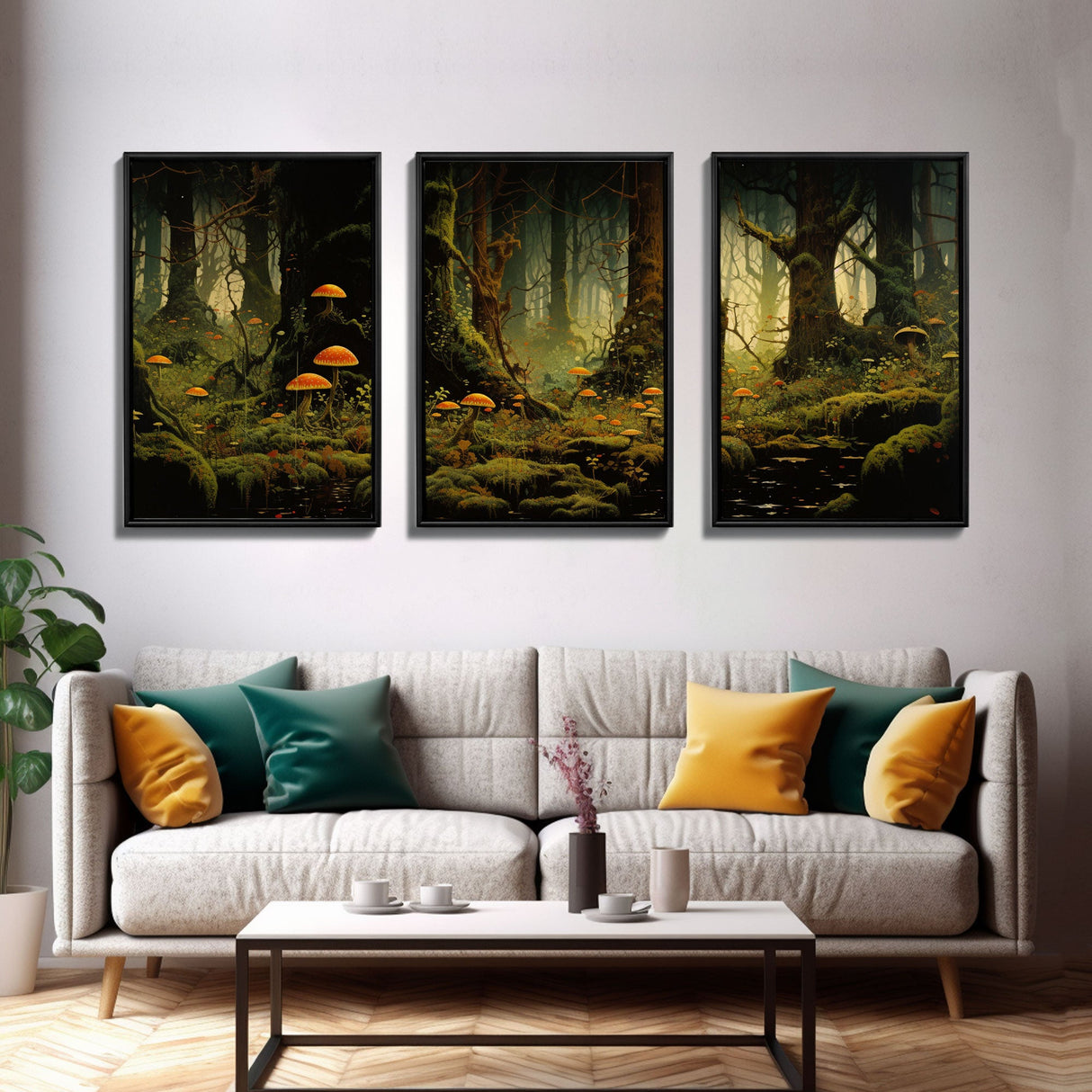 Forest Wall Art, Mushroom Art Print, Trees Art, Canvas Print, Wall Art, 3 Piece Wall Art, Modern Home Decor, Above Bed Art, Indie Room Decor