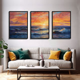 3 Piece Wall Art Blue Beach and Ocean Waves Panoramic Framed Canvas Print - Perfect for Living Room, Bedroom, Office Decor, Beach House Art