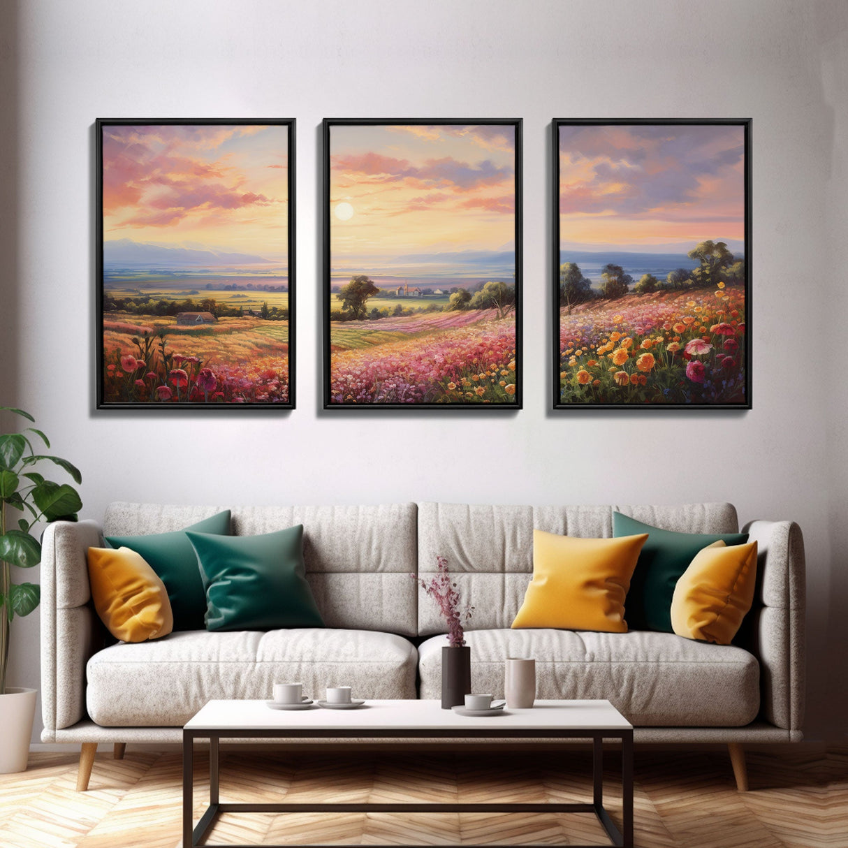 French Countryside Art, 3 Panel Art, Framed Canvas Prints, Extra Large Wall Art, Boho Minimalist Centerpiece Art, Huge Art Painting