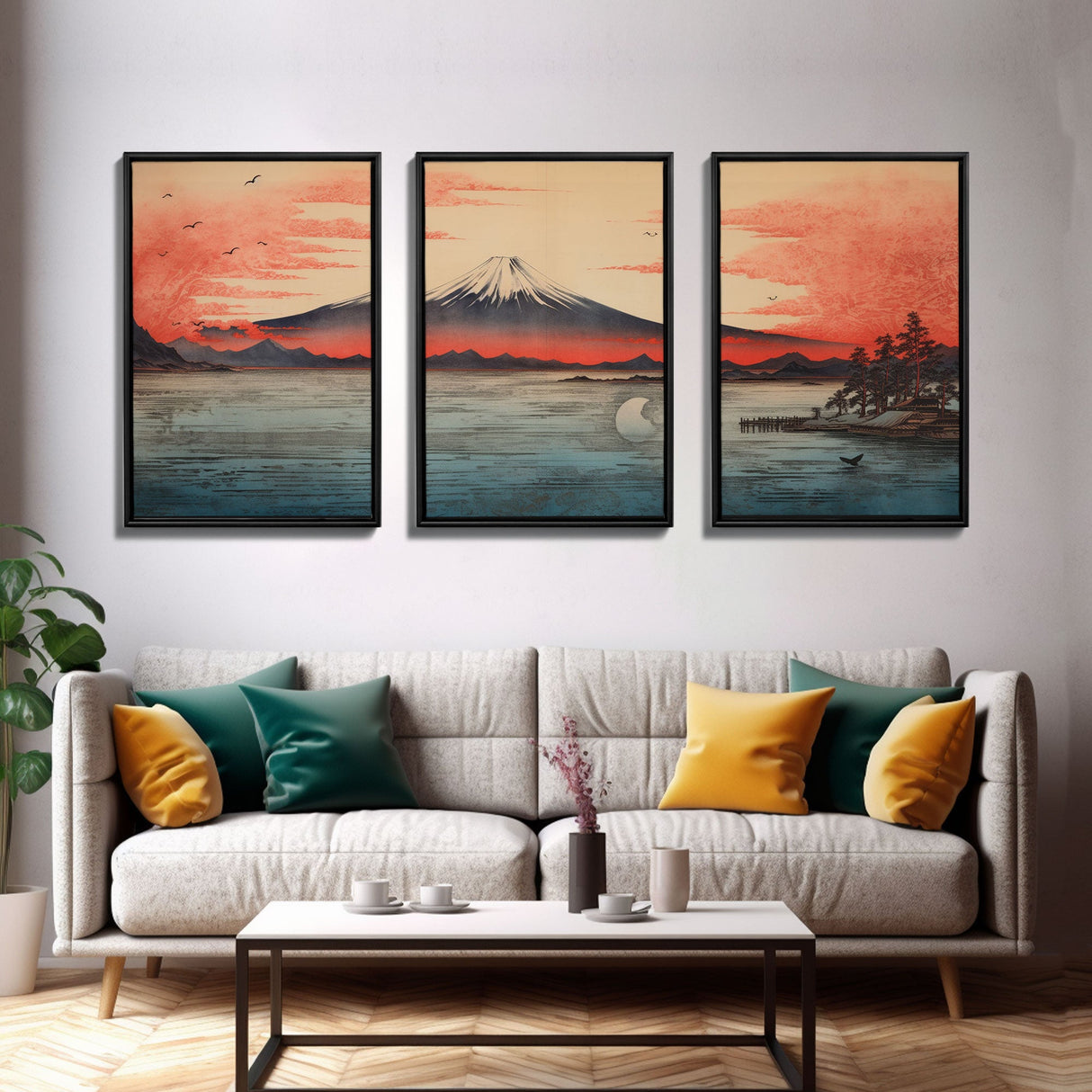 Volcano Print,  Asian Art, Japanese Wall Art, Canvas Print, Wall Art, 3 Piece Wall Art, Office Decor, Beach House Wall Decor, Office Art