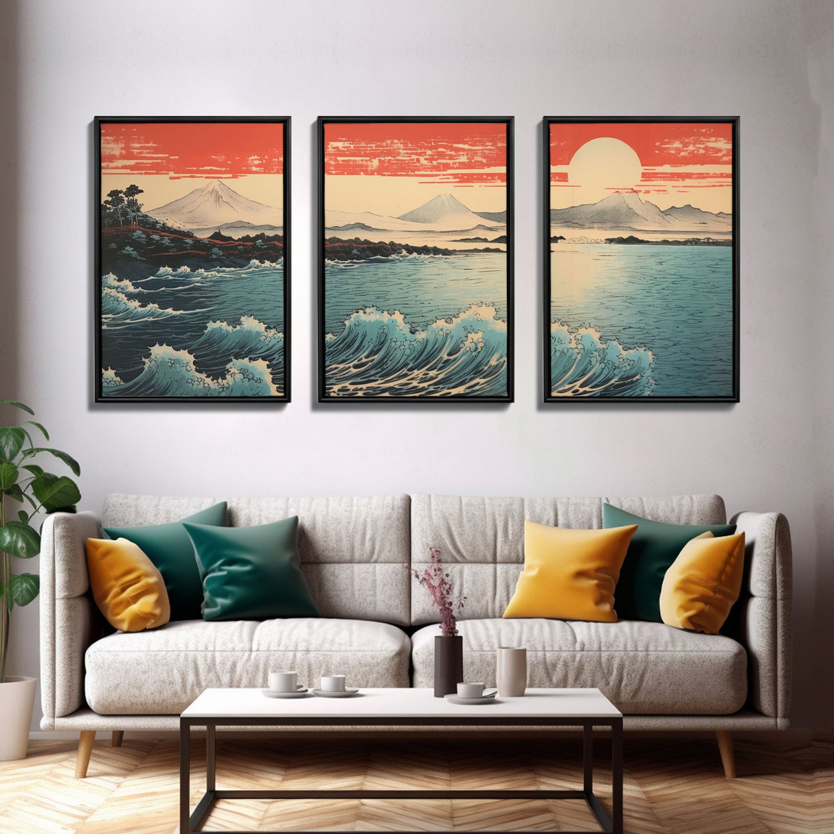 Ocean Waves, Mountains Wall Art, Asian Art, Japanese Wall Art, Canvas Print, Wall Art, 3 Piece Wall Art, Family Home Decor, Indie Room Decor