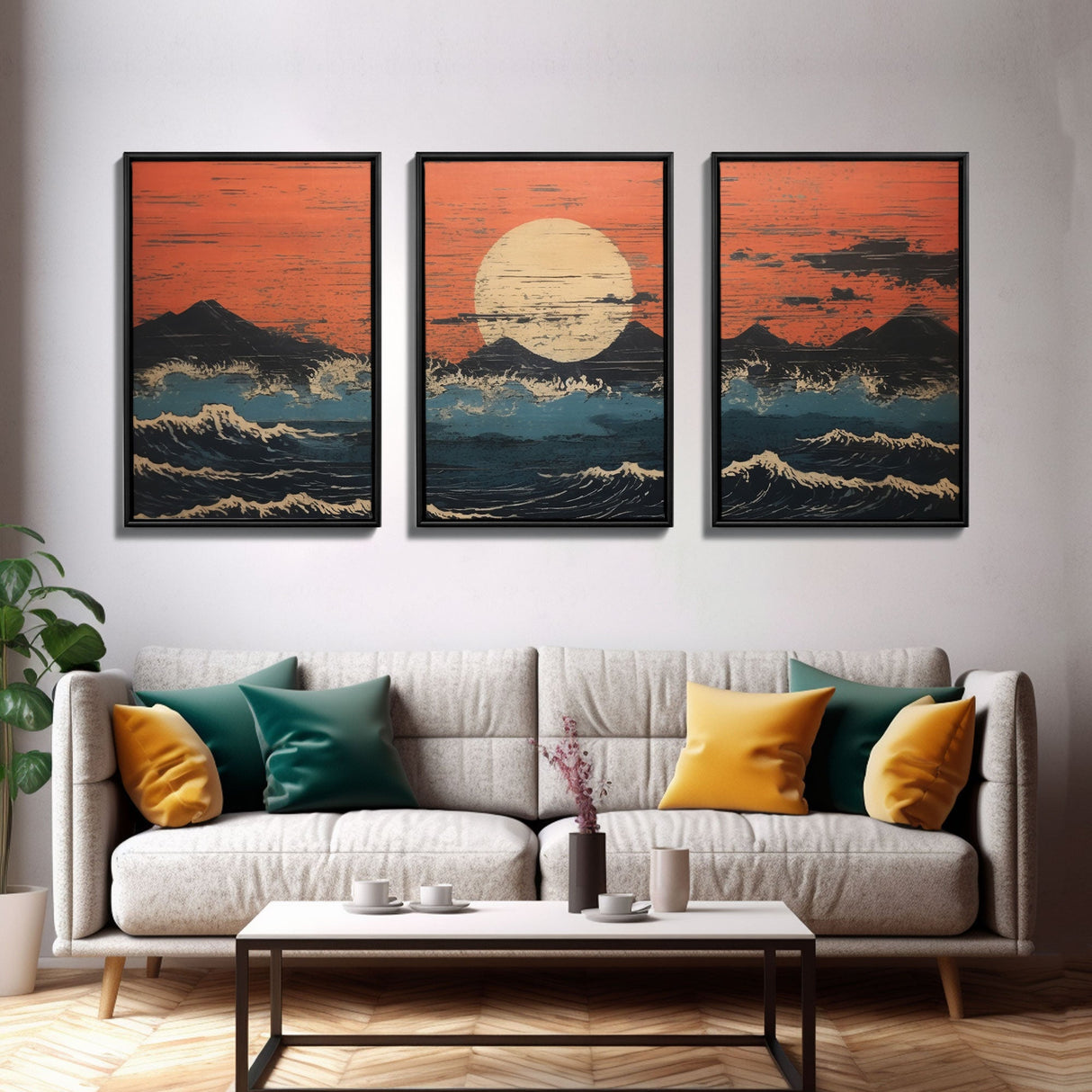 Japanese Ukiyo-e Ink Block Canvas Prints, Triptych Art, 3 Panel Wall Art, 3 Piece Set, Framed Canvas Art, Wall Decor, Above Couch Art