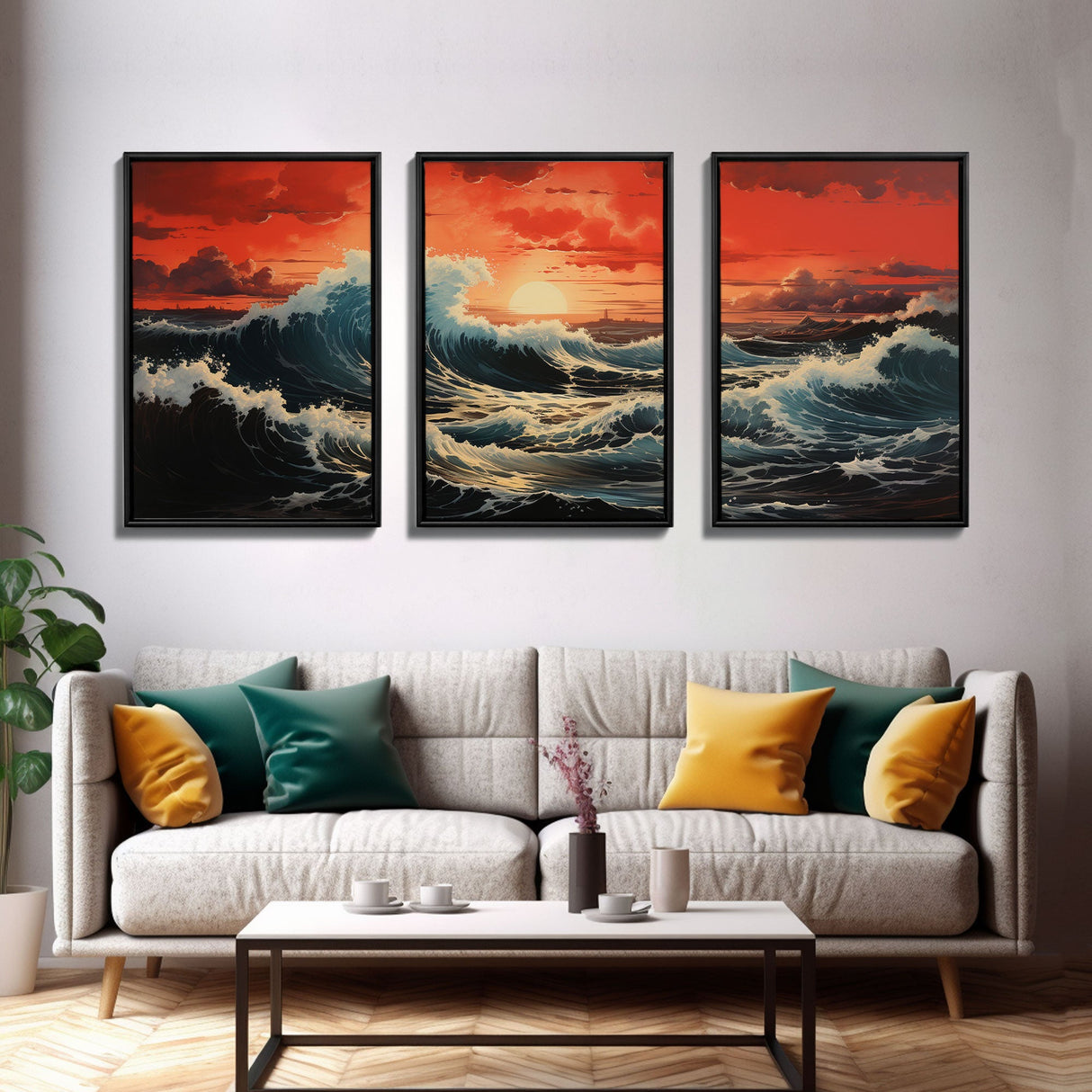 Asian Art, Japanese Wall Art, Ocean Waves, Sunset Art, Canvas Print, Wall Art, 3 Piece Wall Art, Trendy Wall Art, Modern Art Prints