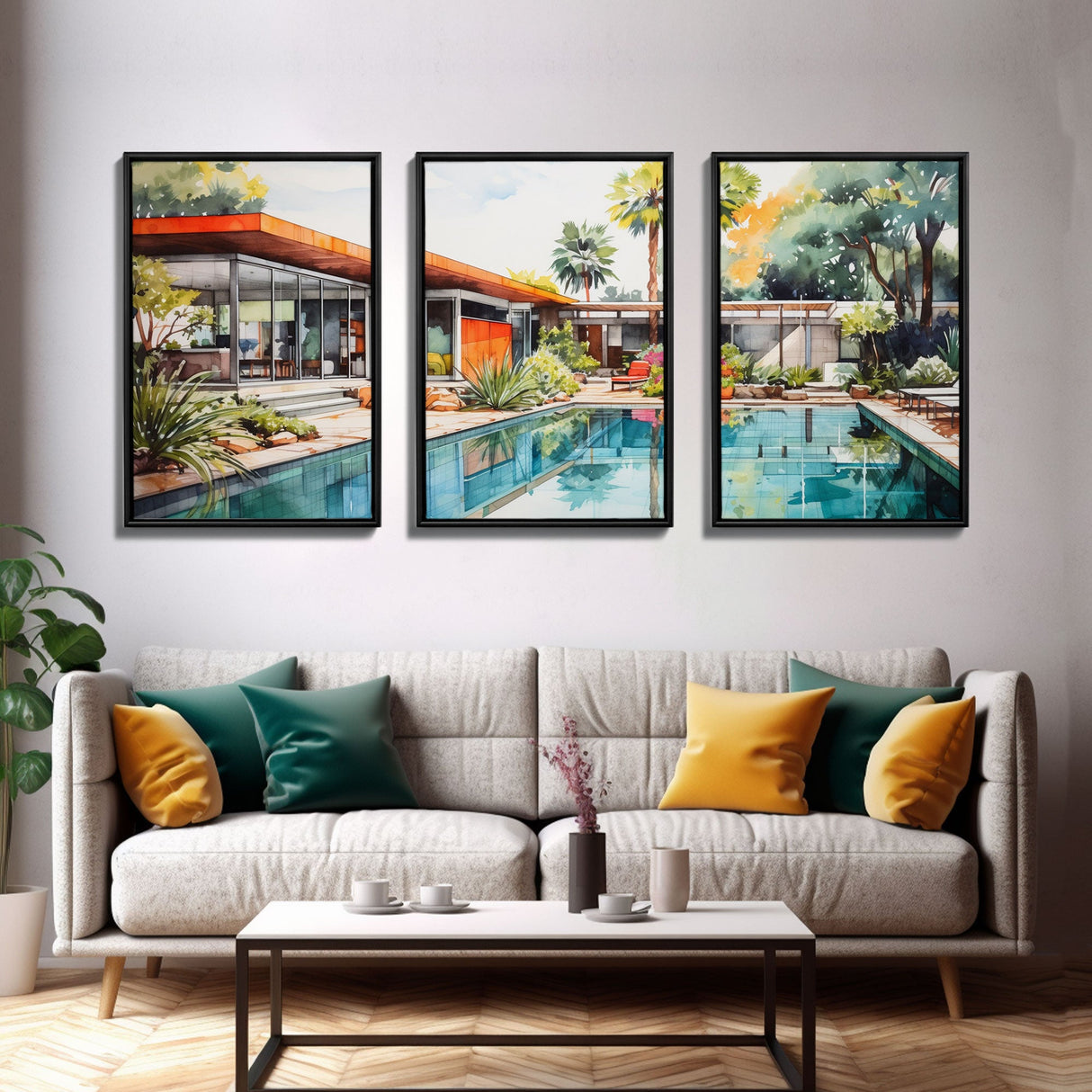 Mid-century House Art, Architecture Print, Canvas Print, Wall Art, 3 Piece Wall Art, Real Estate Gift, Unique Wall Decor, Office Wall Art