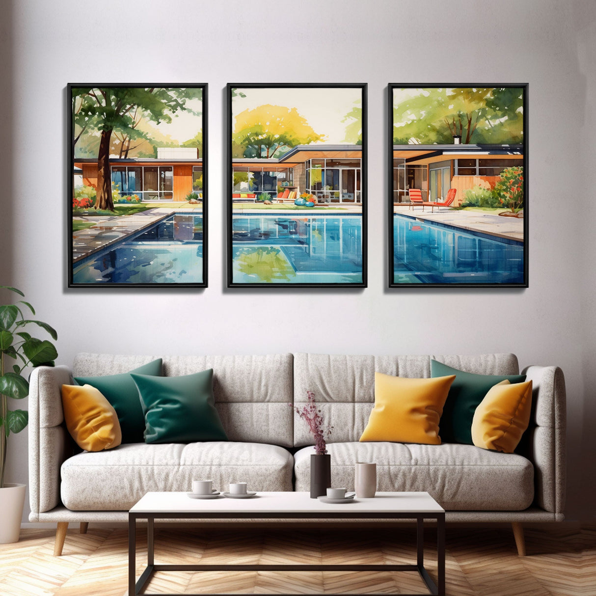 Mid-century House Art, Architecture Prints, Canvas Print, Wall Art, 3 Piece Wall Art, Real Estate Art, Modern Prints, Home Decor Prints