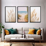 Set of 3 Pampas Grass, Beach Ocean Shore Photography Prints, Minimalist Modern Art Neutral Coastal Room Decor Framed Canvas Wall Art