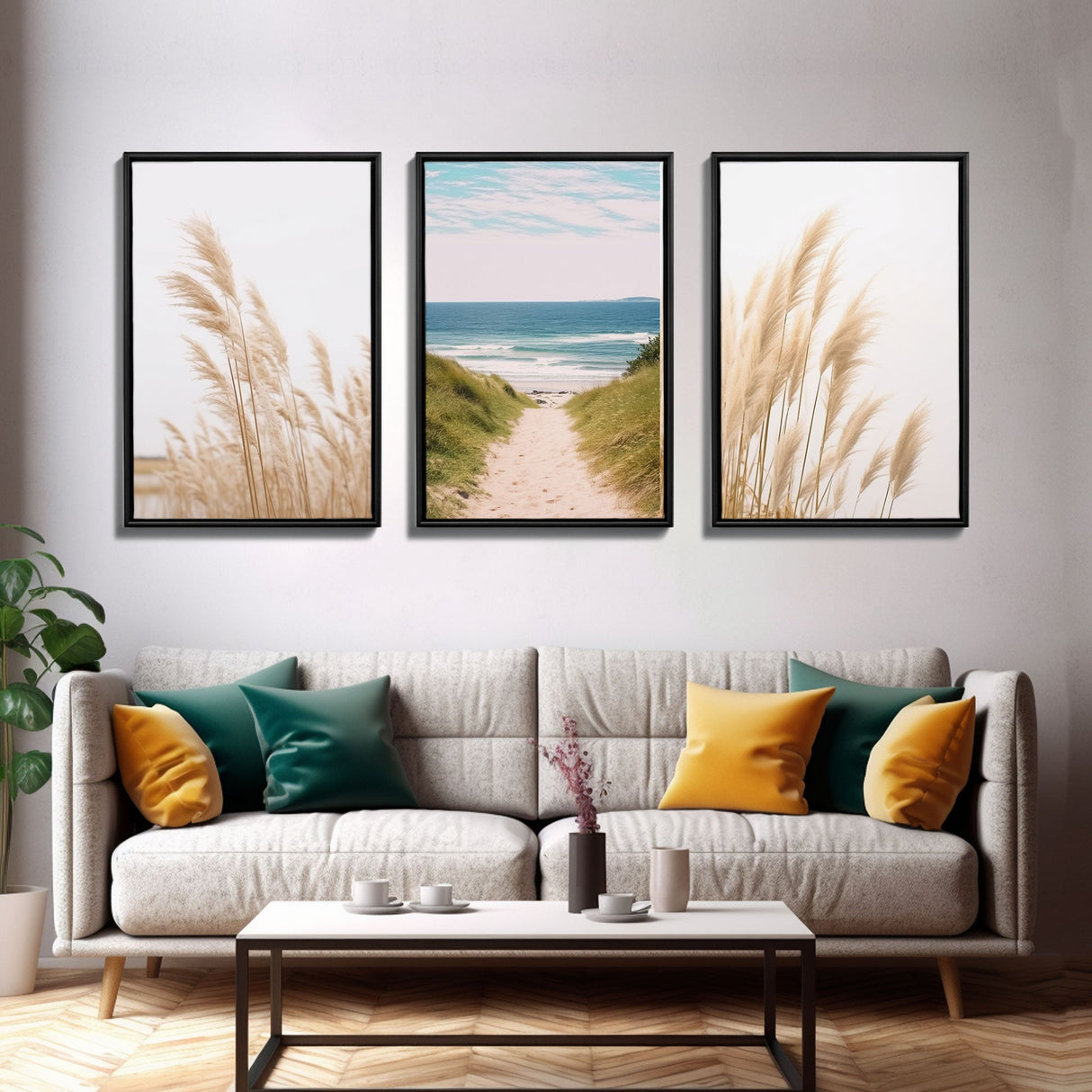 Beautiful Set of 3 Pampas Grass Beach Ocean Shore Photography Prints Minimalist Modern Art Neutral Coastal Room Decor Framed Canvas Wall Art