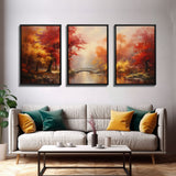 Fall Decor, 3 Piece Wall Art Set, Autumn Forest Oil Painting Canvas Prints, Fall Decorations, Halloween Art, Fall Forest Landscape Painting