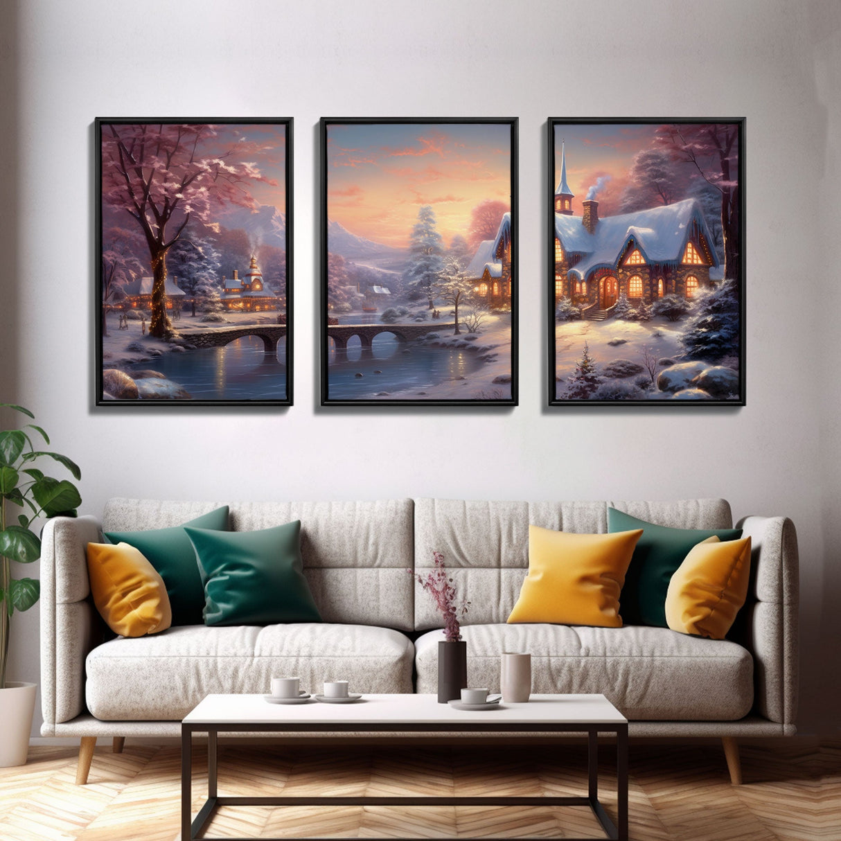 3 Piece Winter Scene, Framed Canvas Prints, Triptych Christmas Painting, Christmas Decor, Winter Art, Christmas Wall art, Xmas Art