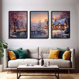 3 Piece Winter Scene, Framed Canvas Prints, Triptych Christmas Painting, Christmas Decor, Winter Art, Christmas Wall art, Xmas Art