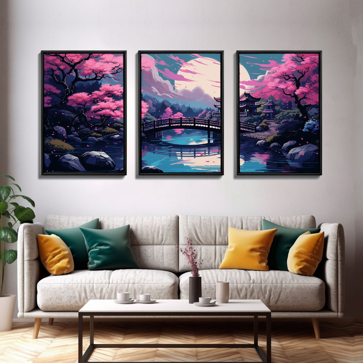 Synthwave Japanese Style Art, Framed Canvas Print, 3 Piece Triptych Set, Retro 80s Style Wall Art, Above Sofa Decor, Cool Wall Art