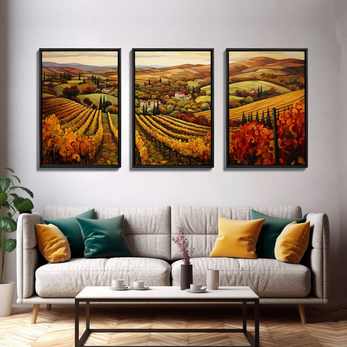 Italian Vineyard Framed Canvas Prints, Minimalist Fall Decor, Fall Centerpiece Art, Autumn Centerpiece, 3 Piece Art, Large Wall Art