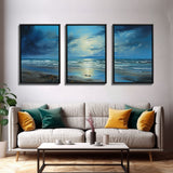 Night Time Beach Art, Framed Canvas Prints, Triptych 3 Panel Wall Art, Tropical Decor, Centerpiece Art