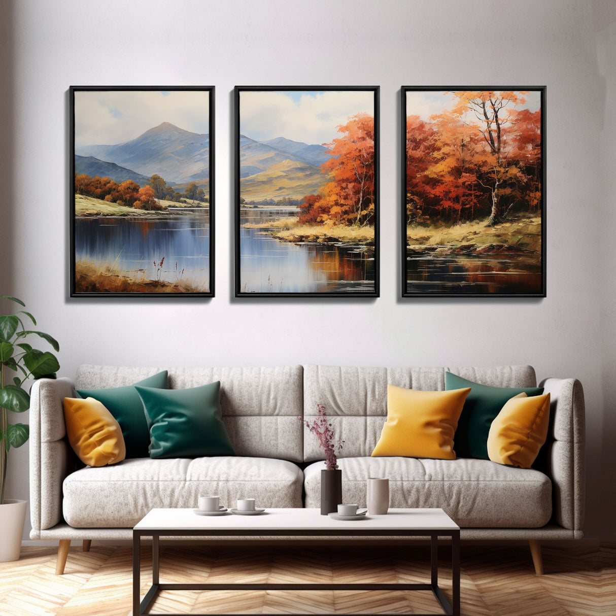 Fall Centerpiece Decor, Framed Canvas Prints, Autumn Landscape Paintings, 3 Piece Art, Triptych