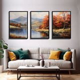 Fall Centerpiece Decor, Framed Canvas Prints, Autumn Landscape Paintings, 3 Piece Art, Triptych