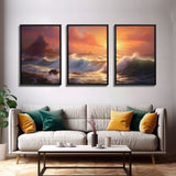 3 Piece Art Set, Seascape Painting Canvas Print, Beach House Decor, Sunset Painting, Original Painting, Boho Style Living Room Art