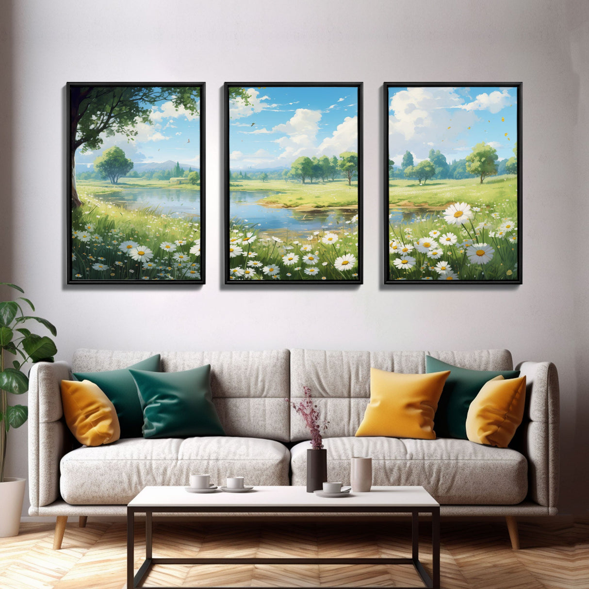 Beautiful Spring Meadow Landscape Painting 3 Piece Set, Spring Centerpiece Art, Original Oil Painting Wall Art, Minimalist Whimsical Decor