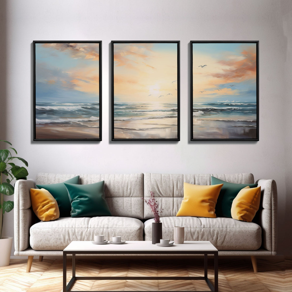 Landscape Beach Ocean Art, Canvas Print, Extra Large 3 Piece Art Beach Painting, Minimalist Abstract Coastal Beautiful Dining Room Art