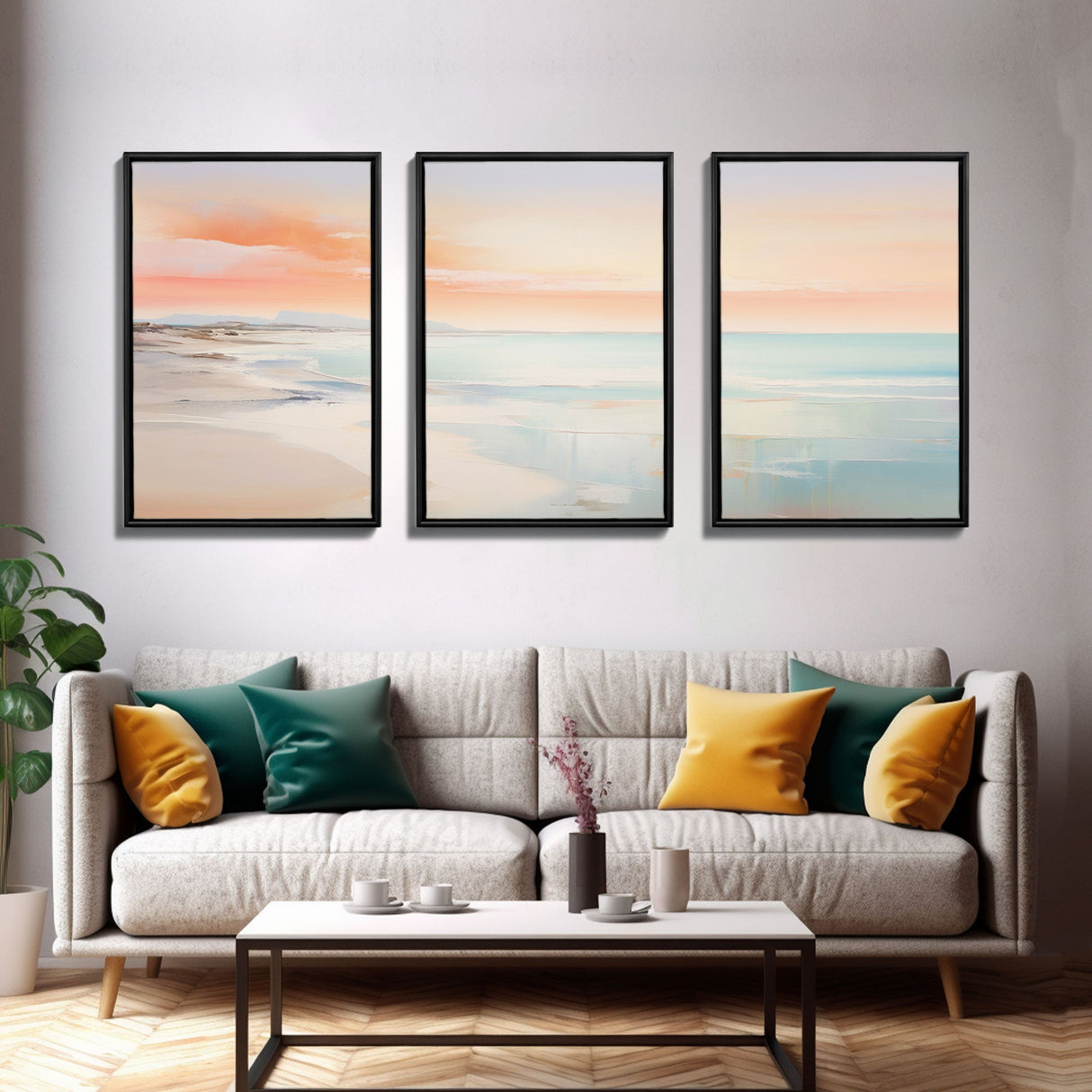 Landscape Beach Ocean Art, Canvas Print, Extra Large 3 Piece Art Beach Painting, Minimalist Abstract Coastal Beautiful Dining Room Art