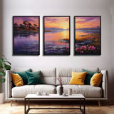 Beautiful 3 Piece Wall Art, Framed Canvas Print, 3 Piece Set, Lake House Decor, Sunset Over The Purple Marsh, Above Sofa Art