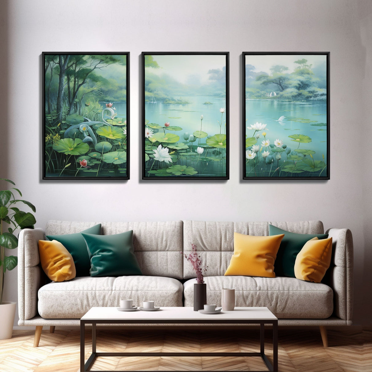 The Lilly Pads, Framed Canvas Prints, 3 Piece Art, Beautiful Pond Painting, Centerpiece Art, Nature / Landscape Painting