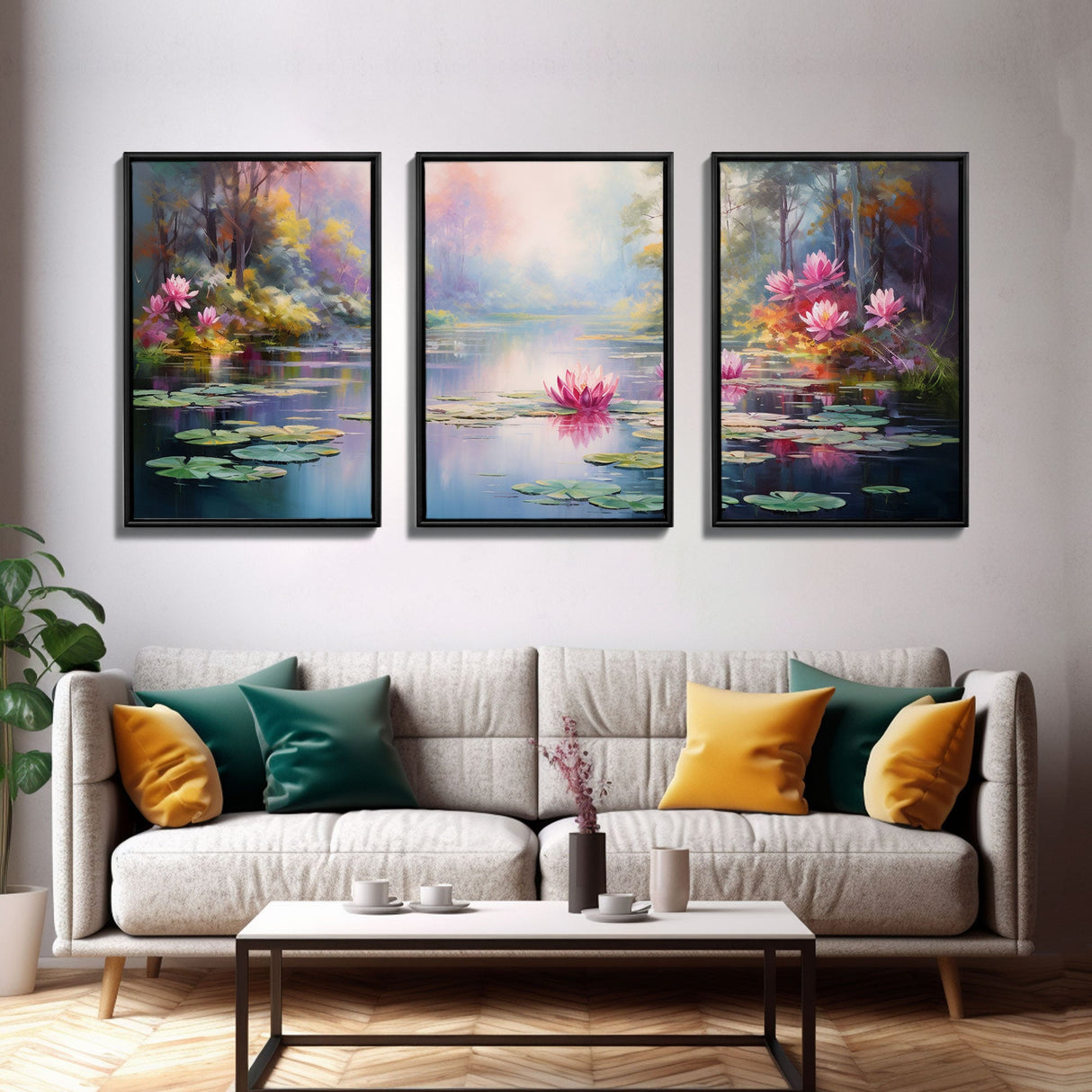 The Lilly Pads, Framed Canvas Prints, 3 Piece Art, Beautiful Pond Painting, Centerpiece Art, Nature / Landscape Painting