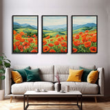 The Poppy Fields, Beautiful Red Flowers, Wildflower Art, Framed Canvas Prints, 3 Piece Set, Triptych, Wall Art, Botanical Art, Boho Decor