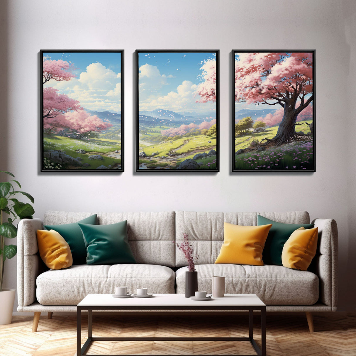 Cherry Blossom Art, Landscape Print, Mountain Wall Art, Canvas Print, Set Of 3 Prints, Wall Art, 3 Piece Wall Art, Country Home Decor