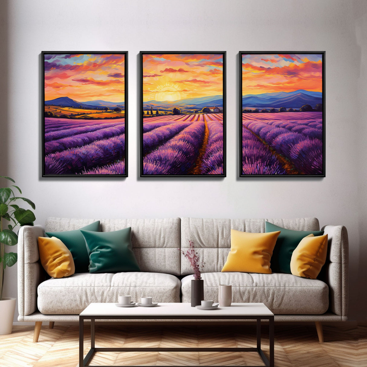 Purple Lavender Fields, 3 Piece Wall Art, Framed Canvas Print, Beautiful Original Landscape Painting, Sunset Painting, Farmhouse Decor