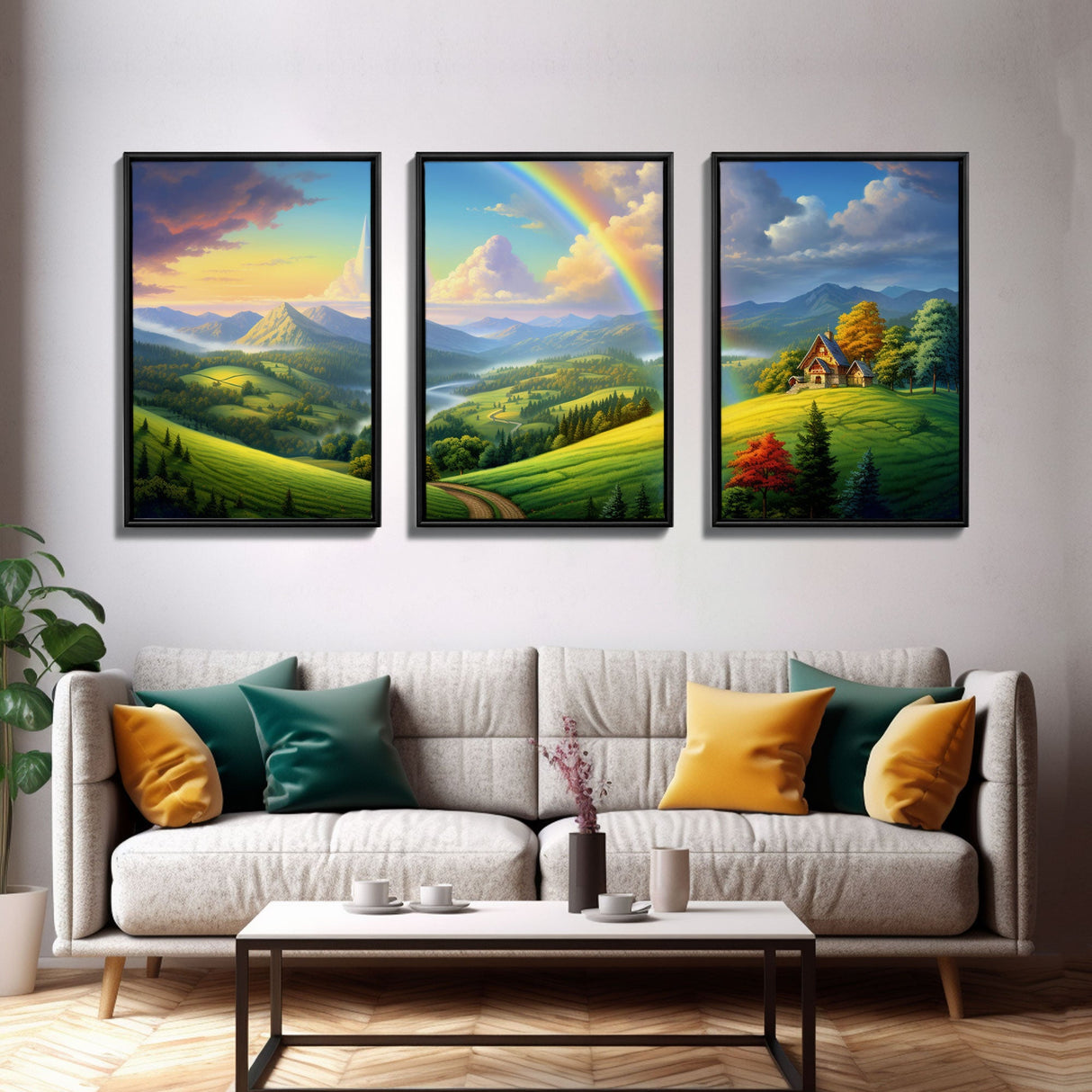 Rainbow Wall Art, Valley Wall Print, Mountains Wall Art, Canvas Print, Wall Art, 3 Piece Wall Art, Living Room Prints, Bedroom Teen Girl Art