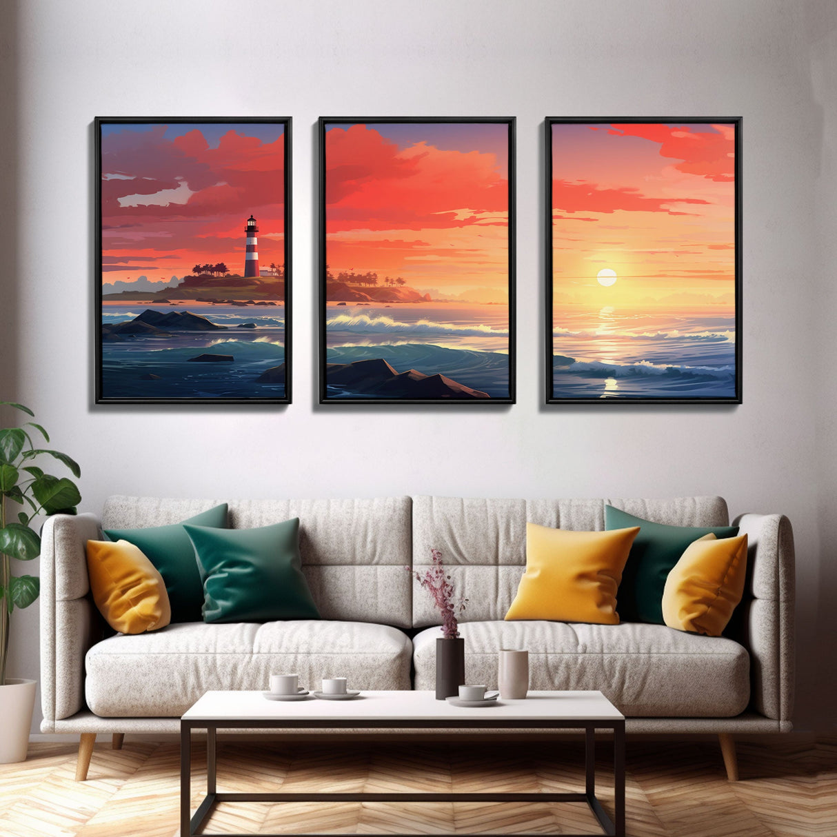 Sunset Wall Art, Light House Decor, Ocean Art Print, Canvas Print, Wall Art, 3 Piece Wall Art, Nautical Print, Seascape Art Print, Cozy Gift