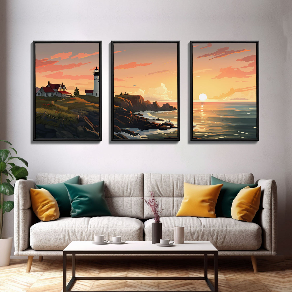 Light House Decor, Sunset Wall Art, Nautical Print, Ocean Art Print, Canvas Print, Wall Art, 3 Piece Wall Art, Seascape Art Print, RV Decor