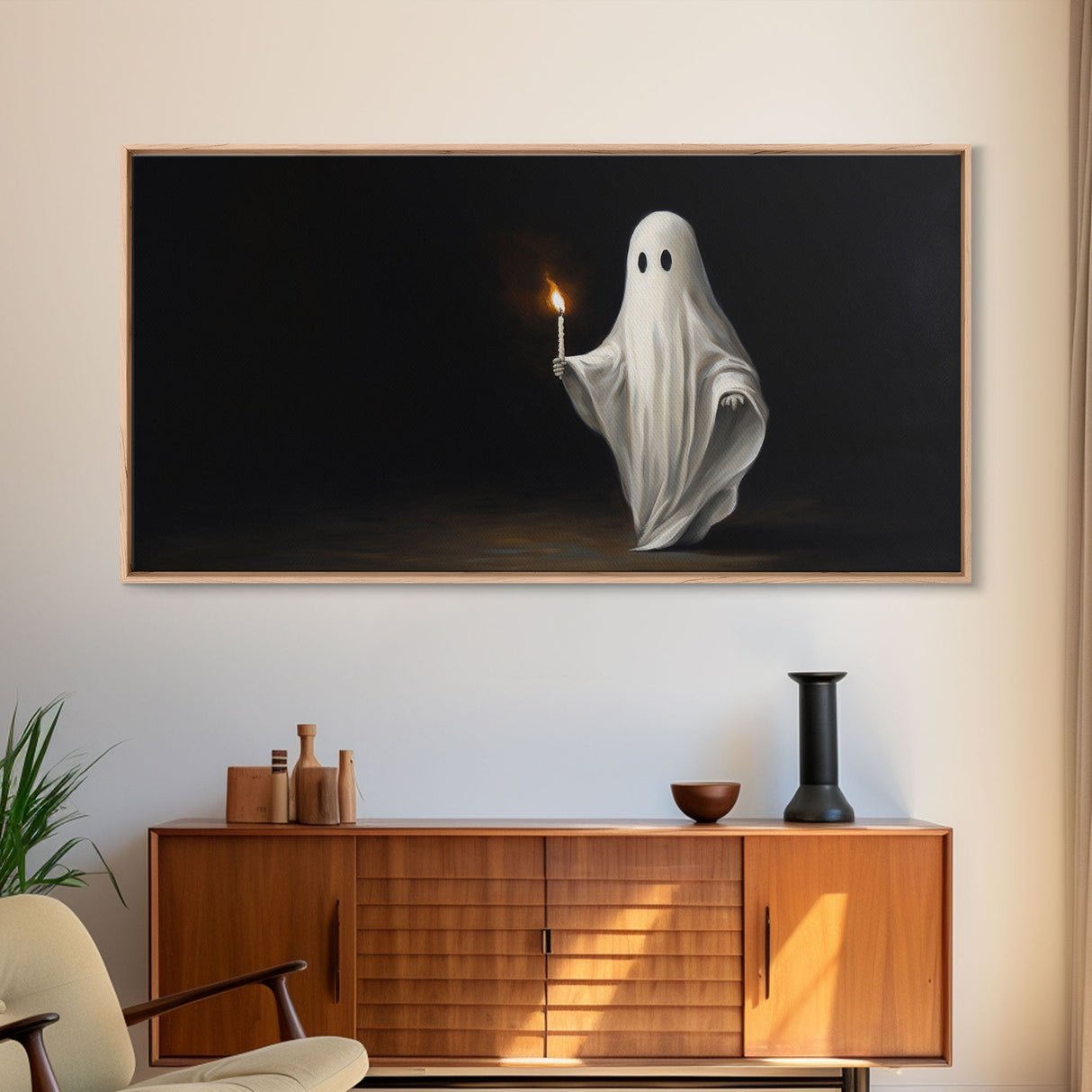 The Ghost With The Candle, Framed Canvas Print, Dark Academia Wall Art, Victorian Oil Painting Style Halloween Wall Art, Ghost Print