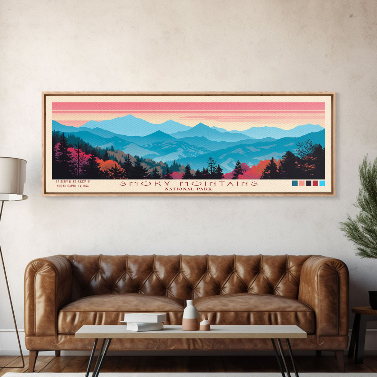 Smoky Mountains National Park, Panoramic North Carolina Travel Art, National Park Print, Minimalist Travel Art, Midcentury Modern Style