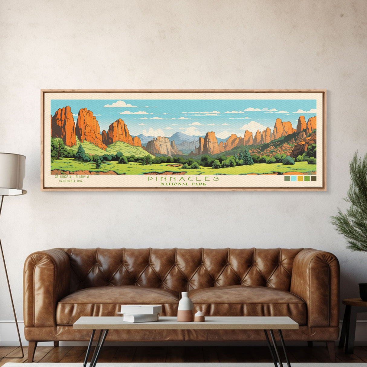 Pinnacles National Park Panoramic Califorrnia Travel Art, National Park Print, Minimalist Travel Art, Midcentury Modern Style Landscape