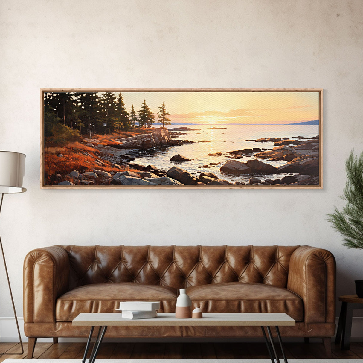 Watercolor Panoramic Acadia National Park Horizontal Framed Canvas Print, Extra Large Art, Large Wall Art, Landscape Paintin